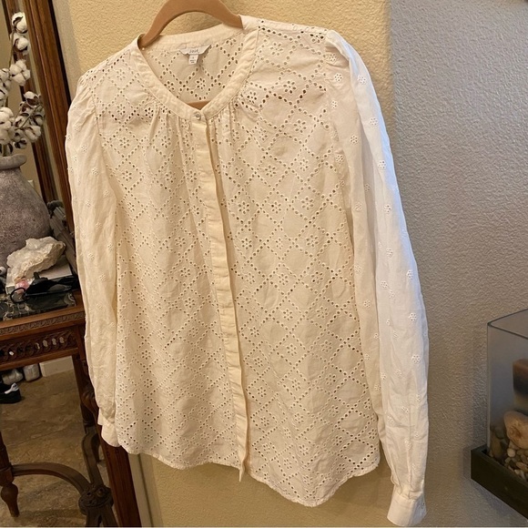 JOIE Women Ivory Eyelet Buttoned Long Sleeve Top Size Large - Picture 2 of 9
